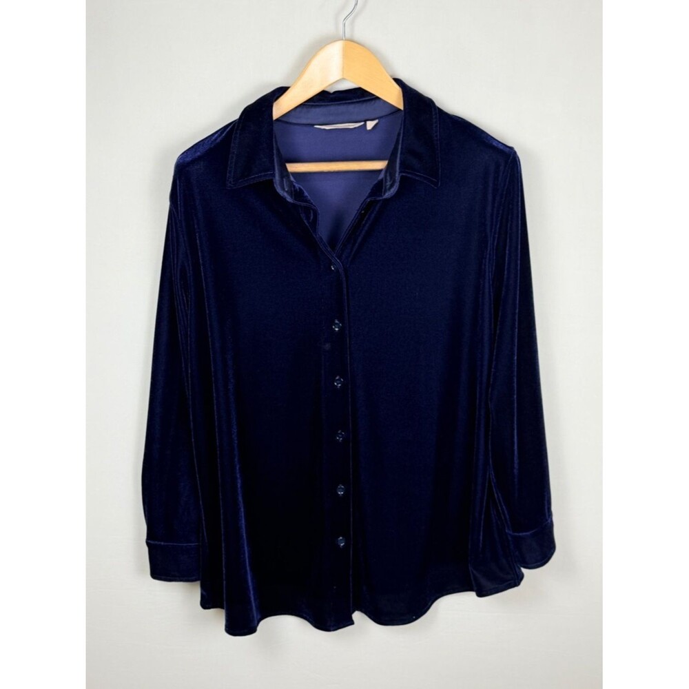 Soft Surroundings Velour Button Up Top PXL Navy Blue Relaxed Lounge Luxe Travel